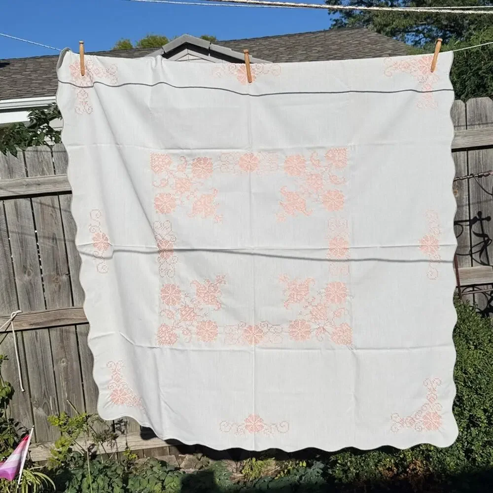Cross Stitch Square Linen Tablecloth with Floral Design